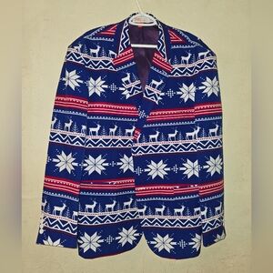 Festive Blue and Red Reindeer Blazer